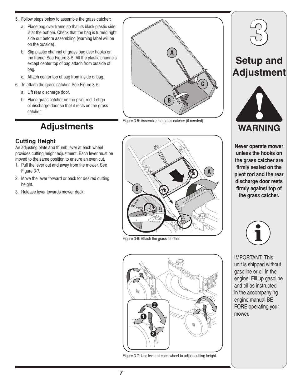 Setup and adjustment, Warning, Adjustments | Troy-Bilt 440 User Manual | Page 7 / 18