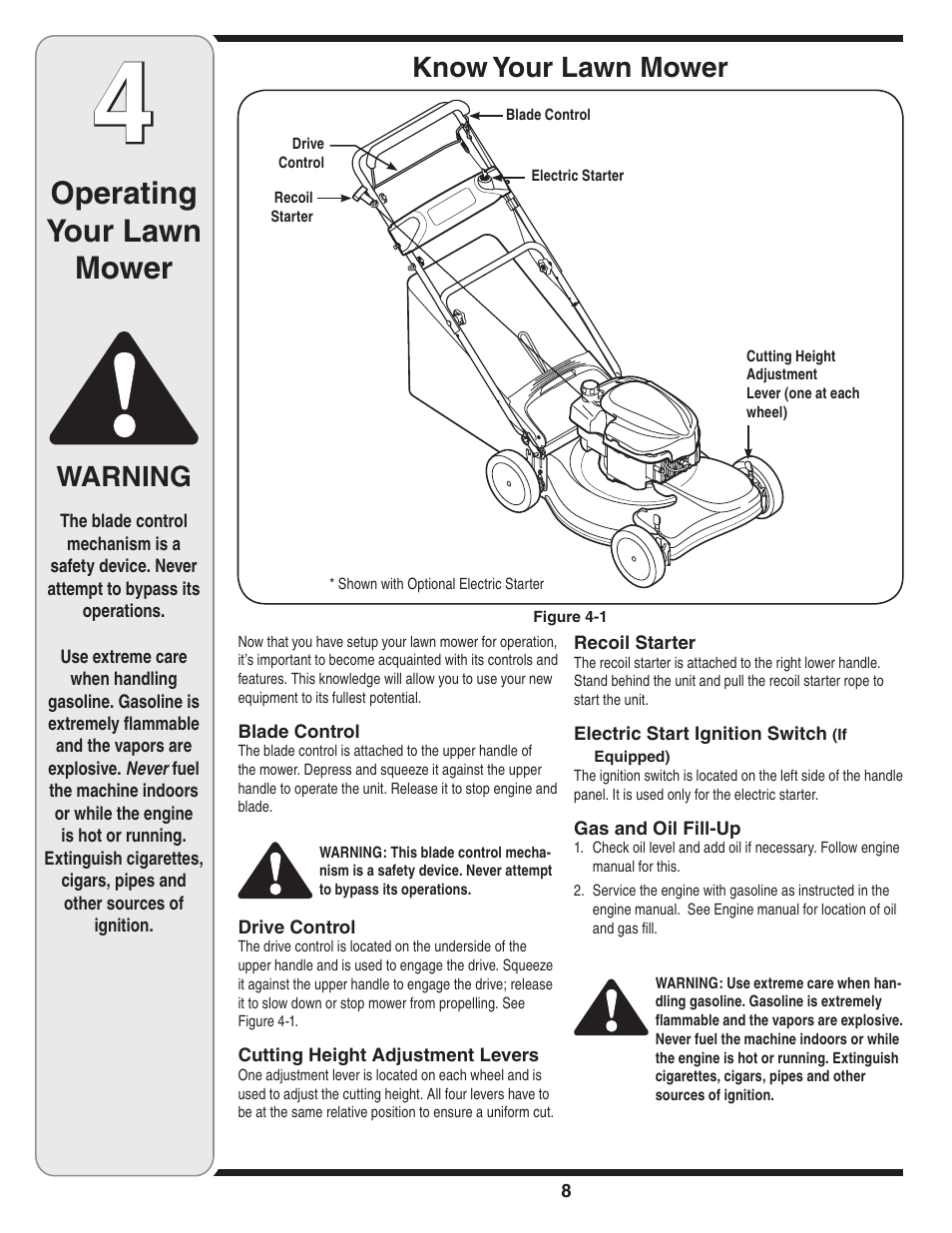 Operating your lawn mower, Warning, Know your lawn mower | Troy-Bilt 440 User Manual | Page 8 / 18