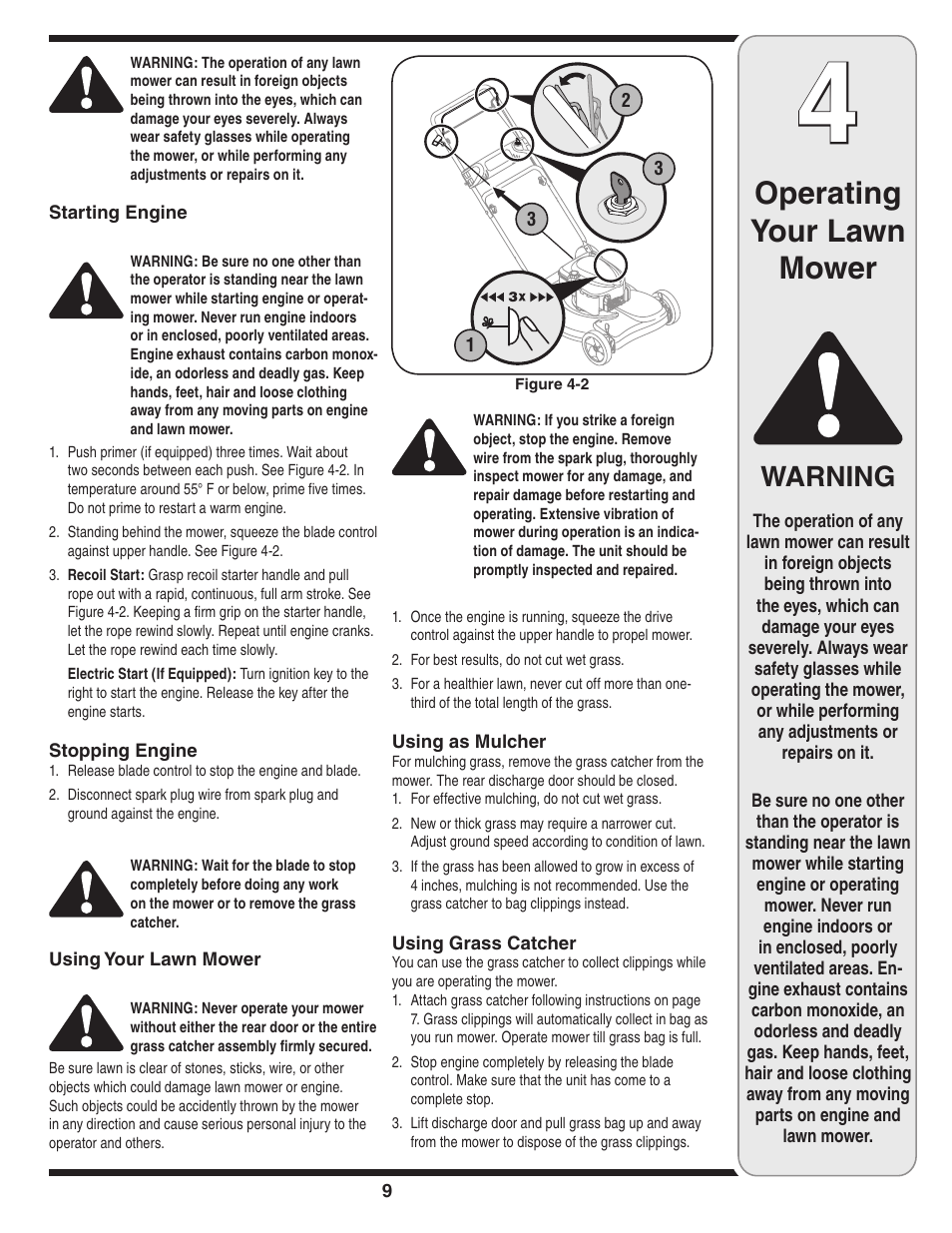 Operating your lawn mower, Warning | Troy-Bilt 440 User Manual | Page 9 / 18