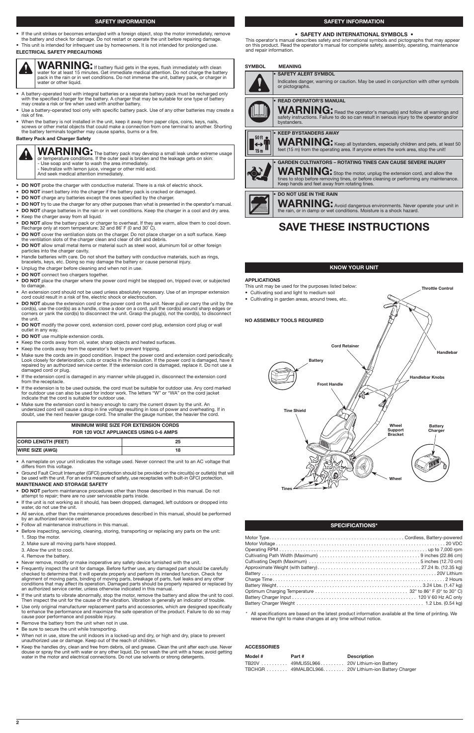 Warning, Save these instructions | Troy-Bilt TBC57 User Manual | Page 2 / 8