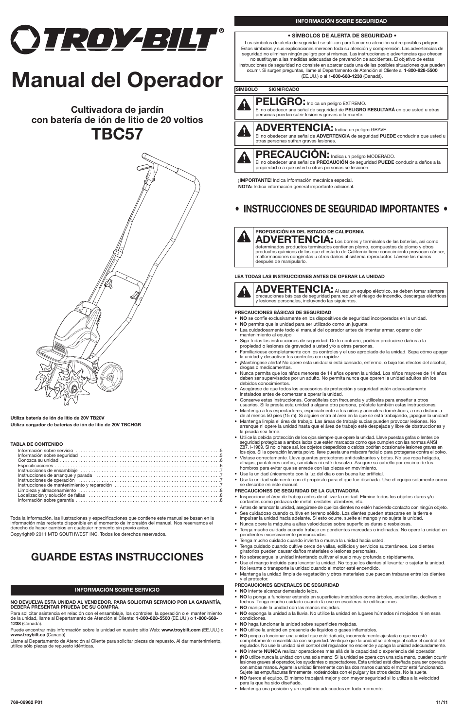 Manual del operador, Tbc57, Instrucciones de seguridad importantes | Peligro, Advertencia, Precaución, Guarde estas instrucciones | Troy-Bilt TBC57 User Manual | Page 5 / 8