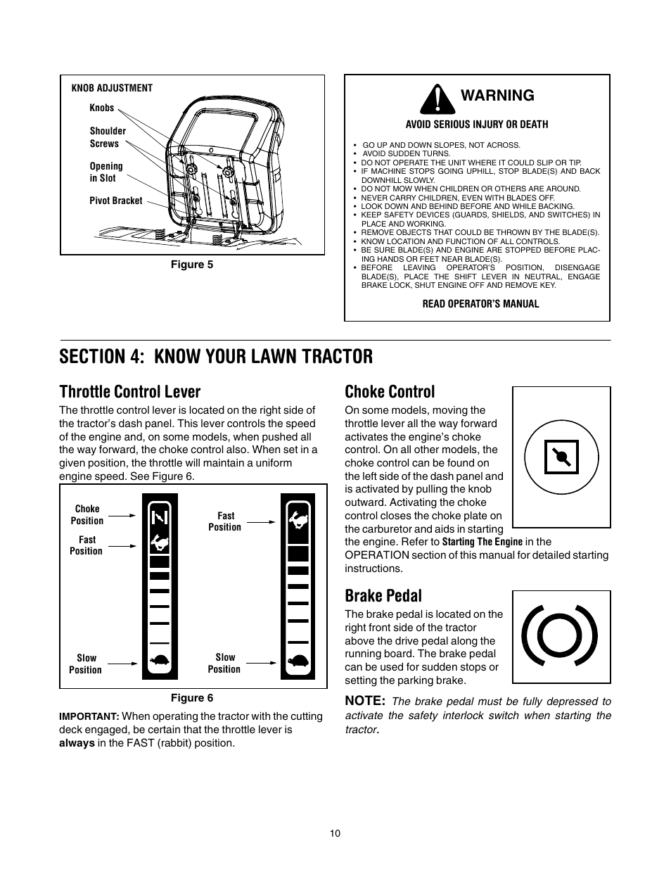 Section 4: know your lawn tractor, Throttle control lever, Choke control | Brake pedal, Warning | Troy-Bilt Automatic Lawn Tractor User Manual | Page 10 / 27