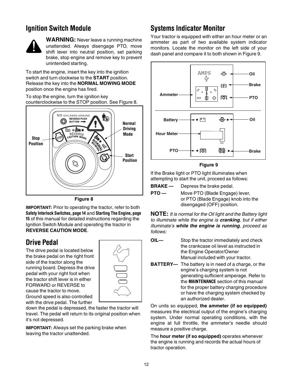 Ignition switch module, Drive pedal, Systems indicator monitor | Troy-Bilt Automatic Lawn Tractor User Manual | Page 12 / 27