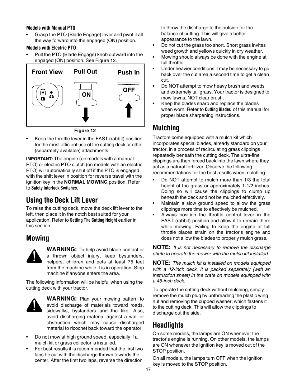 Models with manual pto, Models with electric pto, Using the deck lift lever | Mowing, Headlights, Mulching | Troy-Bilt Automatic Lawn Tractor User Manual | Page 17 / 27