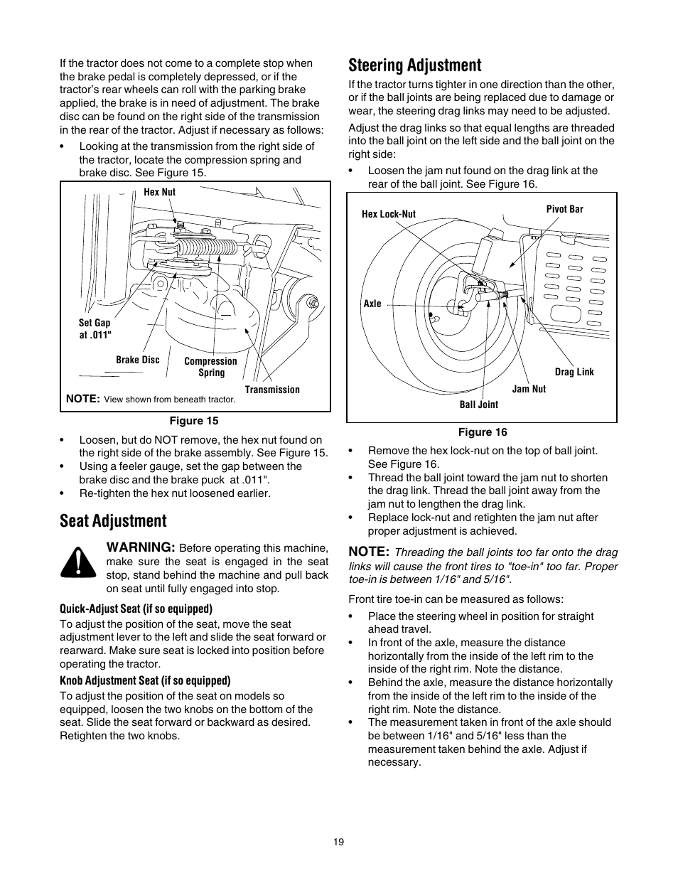 Seat adjustment, Quick-adjust seat (if so equipped), Knob adjustment seat (if so equipped) | Steering adjustment | Troy-Bilt Automatic Lawn Tractor User Manual | Page 19 / 27