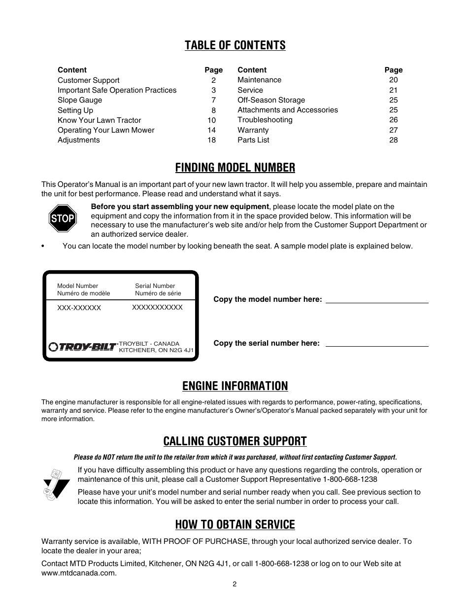 Troy-Bilt Automatic Lawn Tractor User Manual | Page 2 / 27