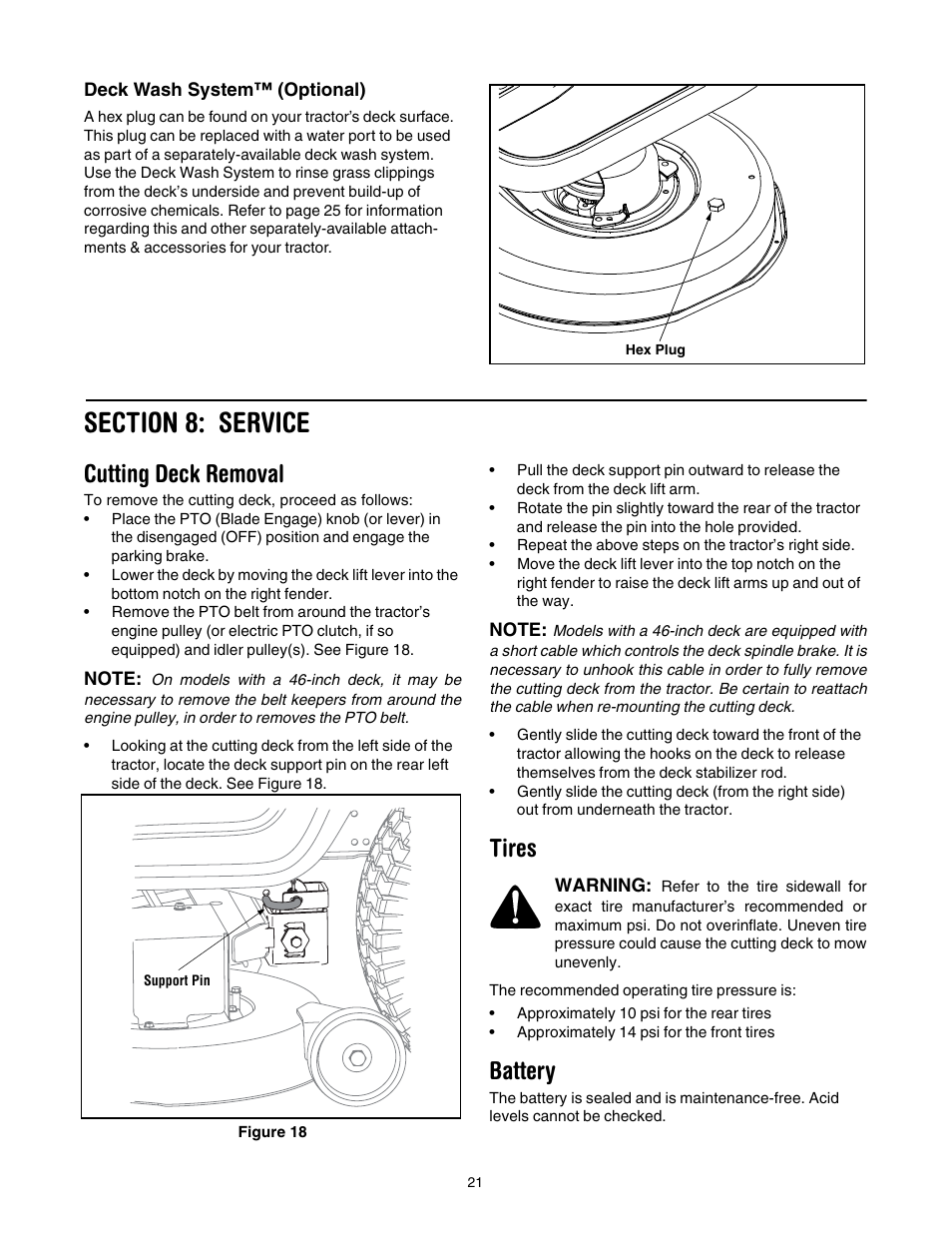 Section 8: service, Cutting deck removal, Tires | Battery | Troy-Bilt Automatic Lawn Tractor User Manual | Page 21 / 27