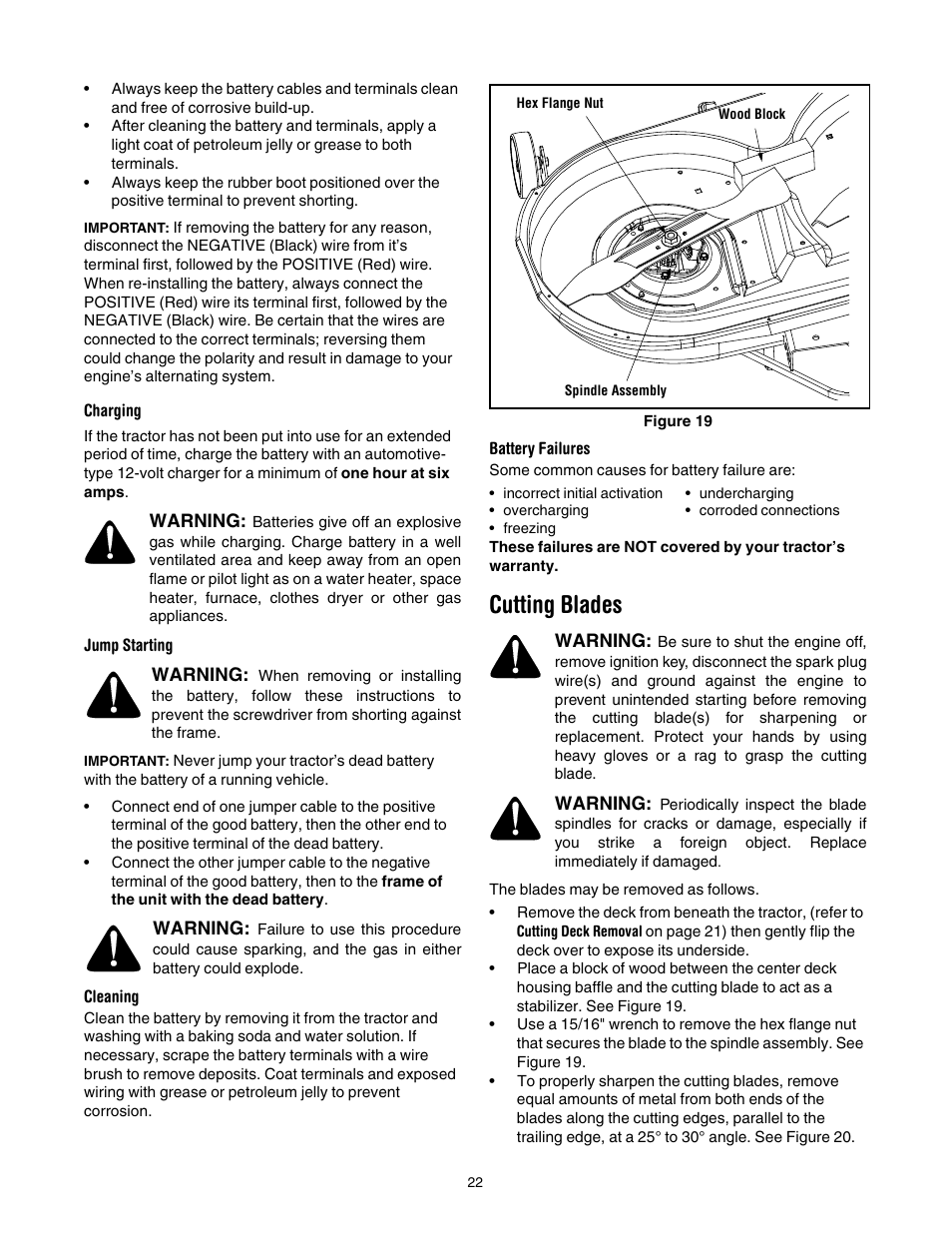 Charging, Jump starting, Cleaning | Battery failures, Cutting blades | Troy-Bilt Automatic Lawn Tractor User Manual | Page 22 / 27