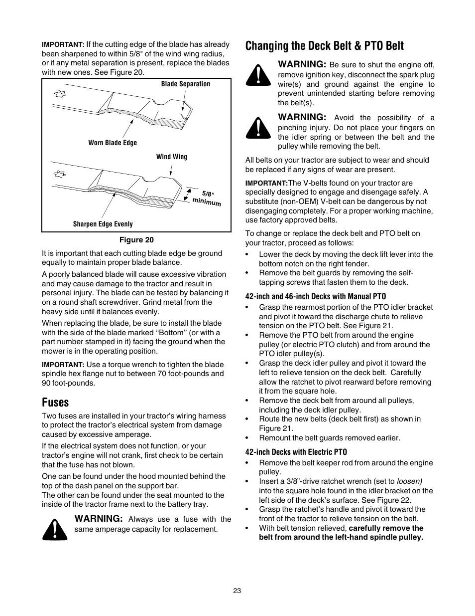 Fuses, Changing the deck belt & pto belt, Inch and 46-inch decks with manual pto | Inch decks with electric pto, See figure 20 | Troy-Bilt Automatic Lawn Tractor User Manual | Page 23 / 27