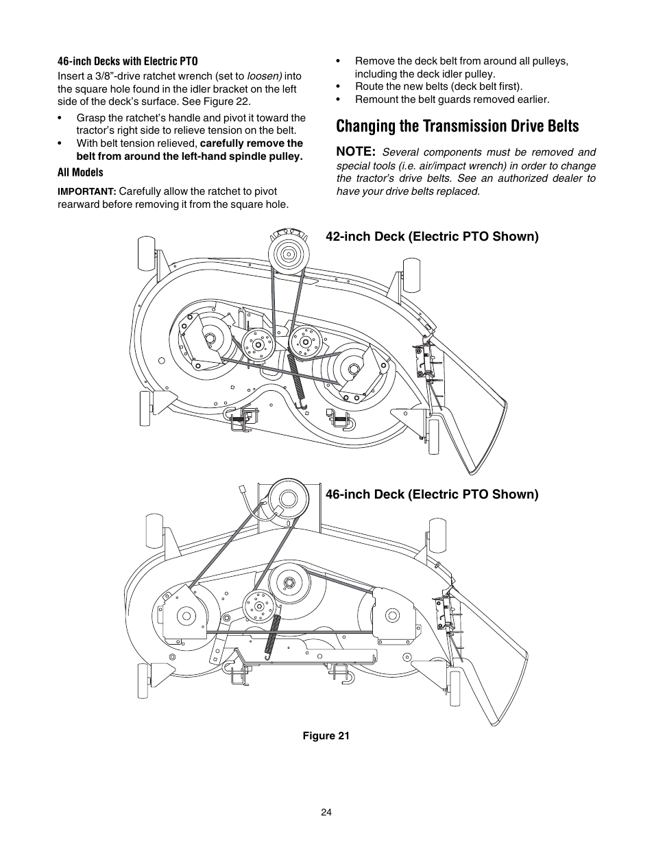 Inch decks with electric pto, All models, Changing the transmission drive belts | Troy-Bilt Automatic Lawn Tractor User Manual | Page 24 / 27