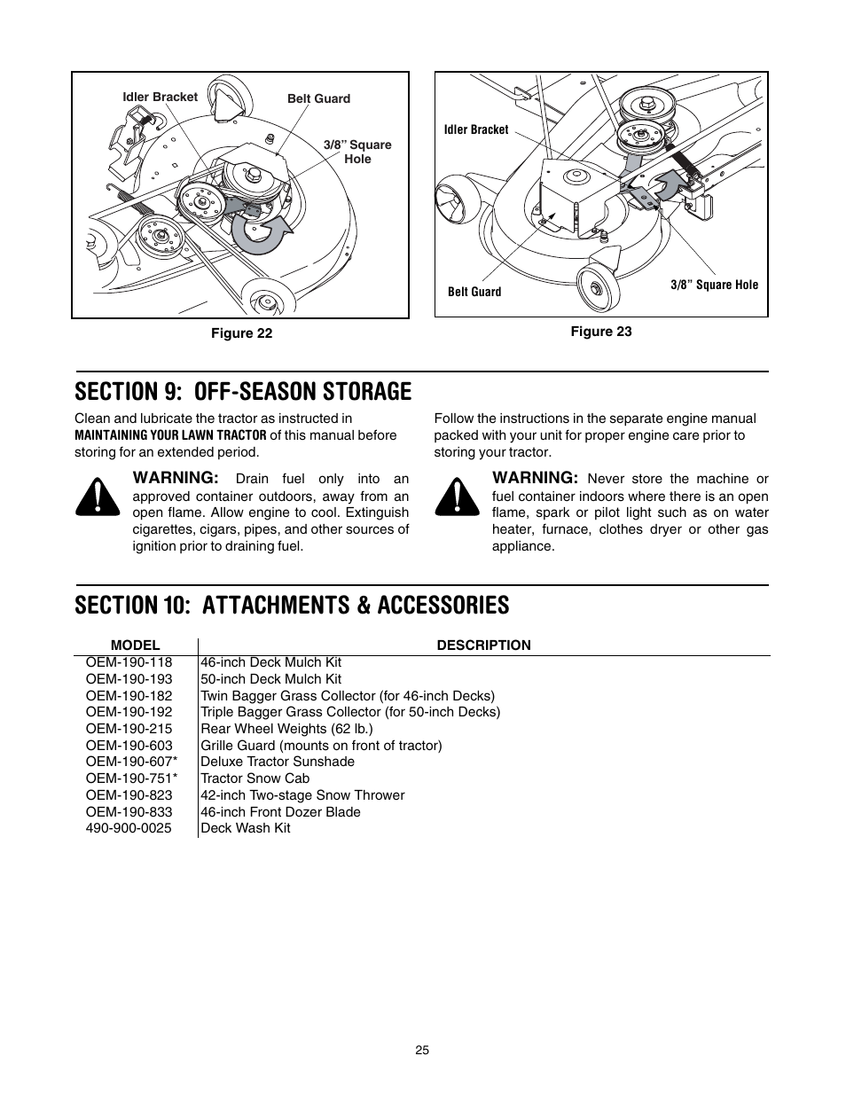 Section 9: off-season storage, Section 10: attachments & accessories | Troy-Bilt Automatic Lawn Tractor User Manual | Page 25 / 27