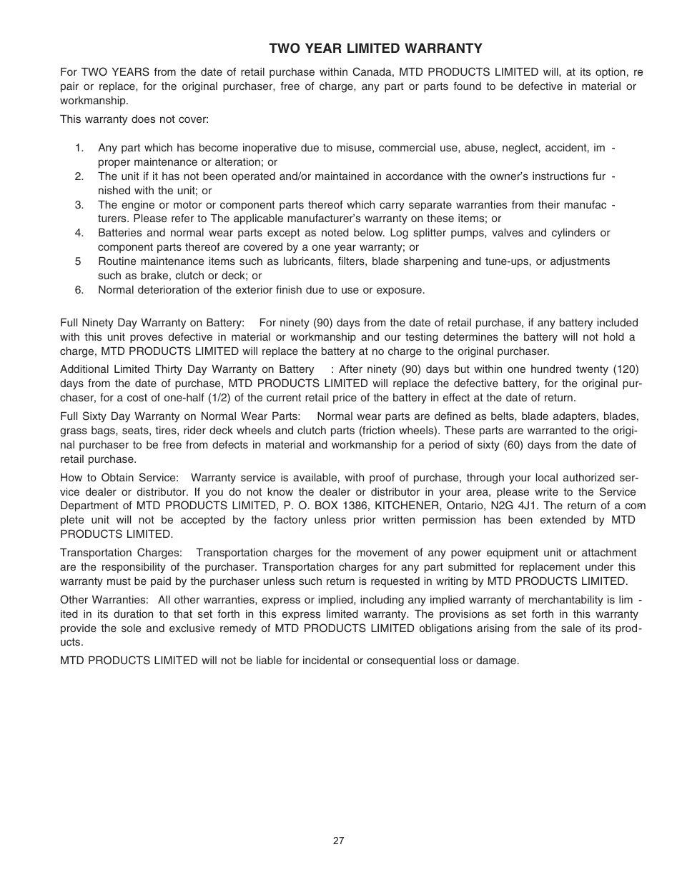 Troy-Bilt Automatic Lawn Tractor User Manual | Page 27 / 27