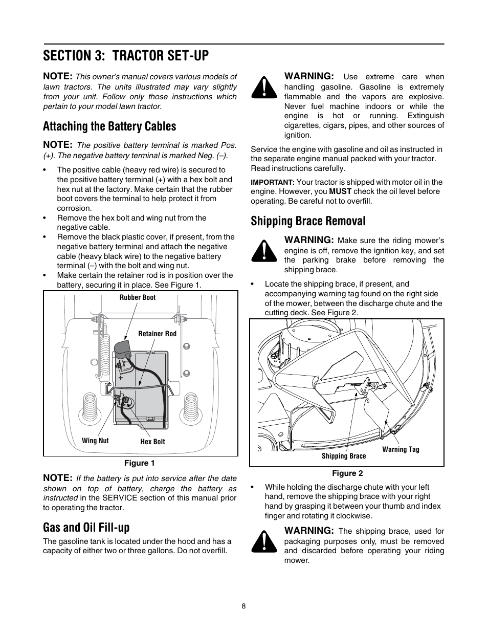 Section 3: tractor set-up, Attaching the battery cables, Gas and oil fill-up | Shipping brace removal | Troy-Bilt Automatic Lawn Tractor User Manual | Page 8 / 27