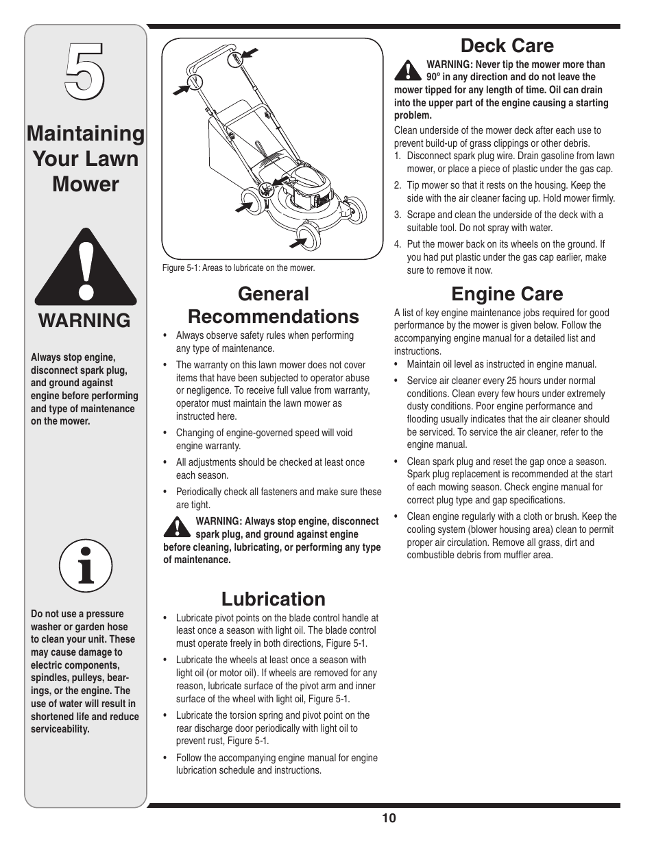 Maintaining your lawn mower, Warning, General recommendations | Lubrication, Deck care, Engine care | Troy-Bilt 429 User Manual | Page 10 / 16