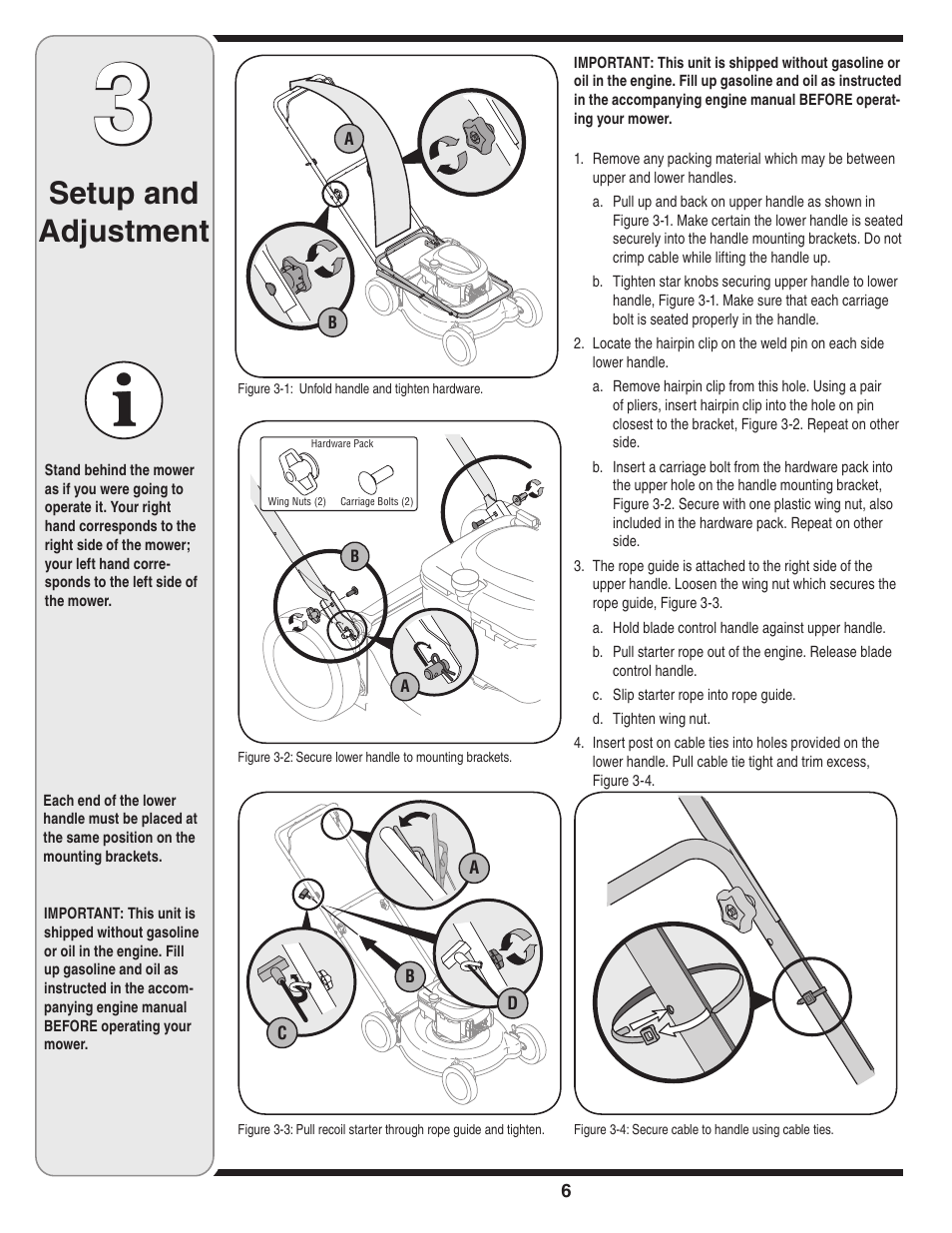 Setup and adjustment | Troy-Bilt 429 User Manual | Page 6 / 16