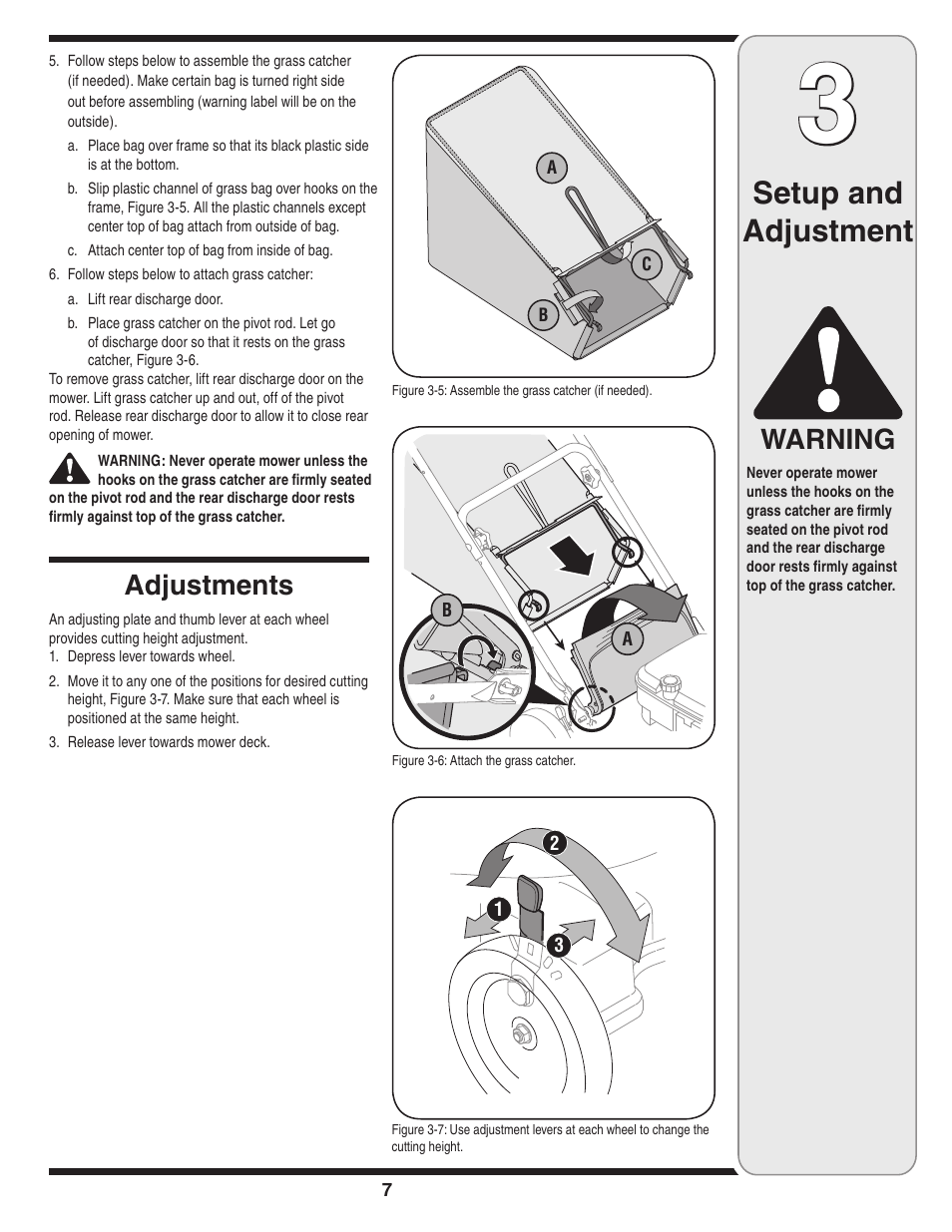 Setup and adjustment, Warning, Adjustments | Troy-Bilt 429 User Manual | Page 7 / 16