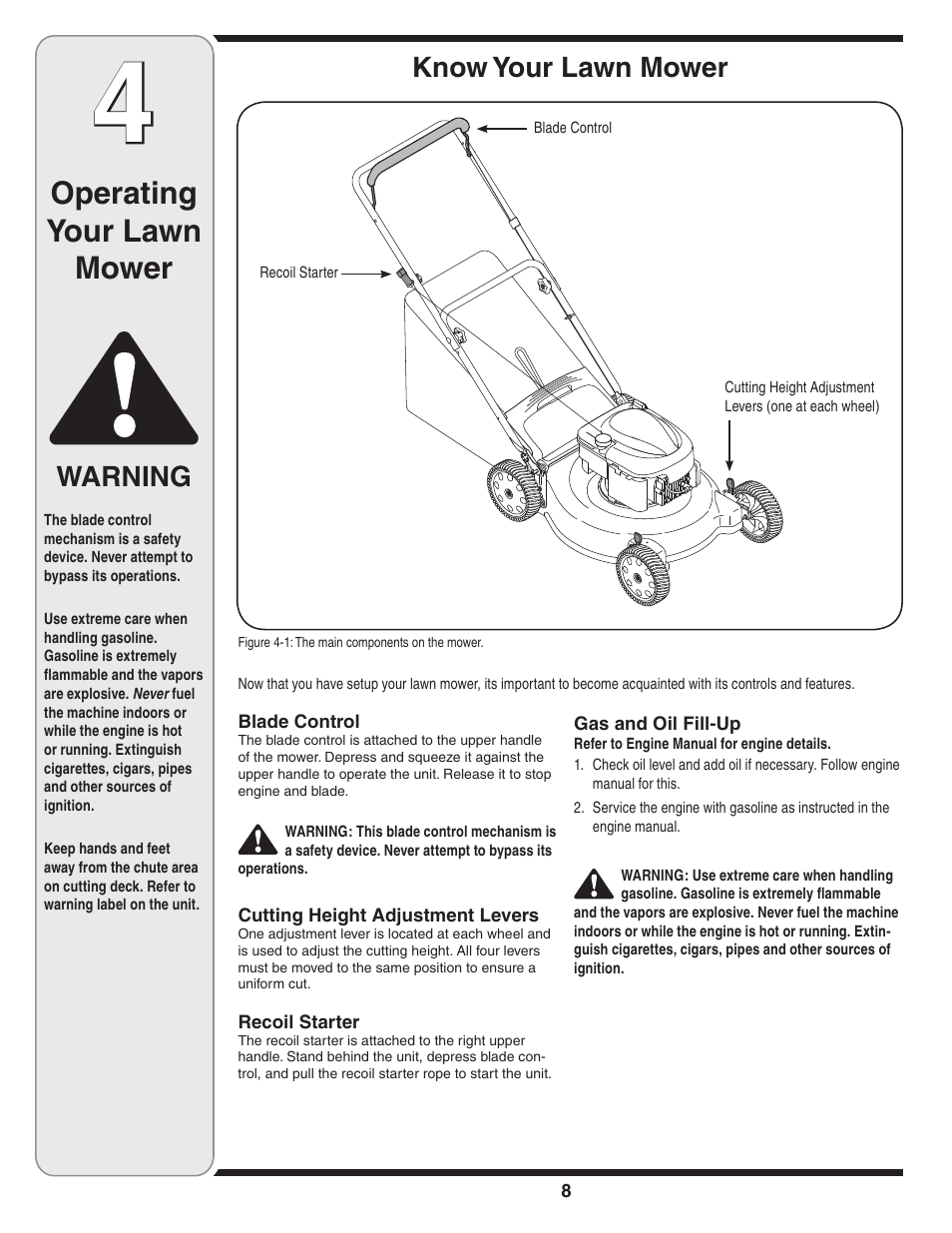 Operating your lawn mower, Warning, Know your lawn mower | Troy-Bilt 429 User Manual | Page 8 / 16