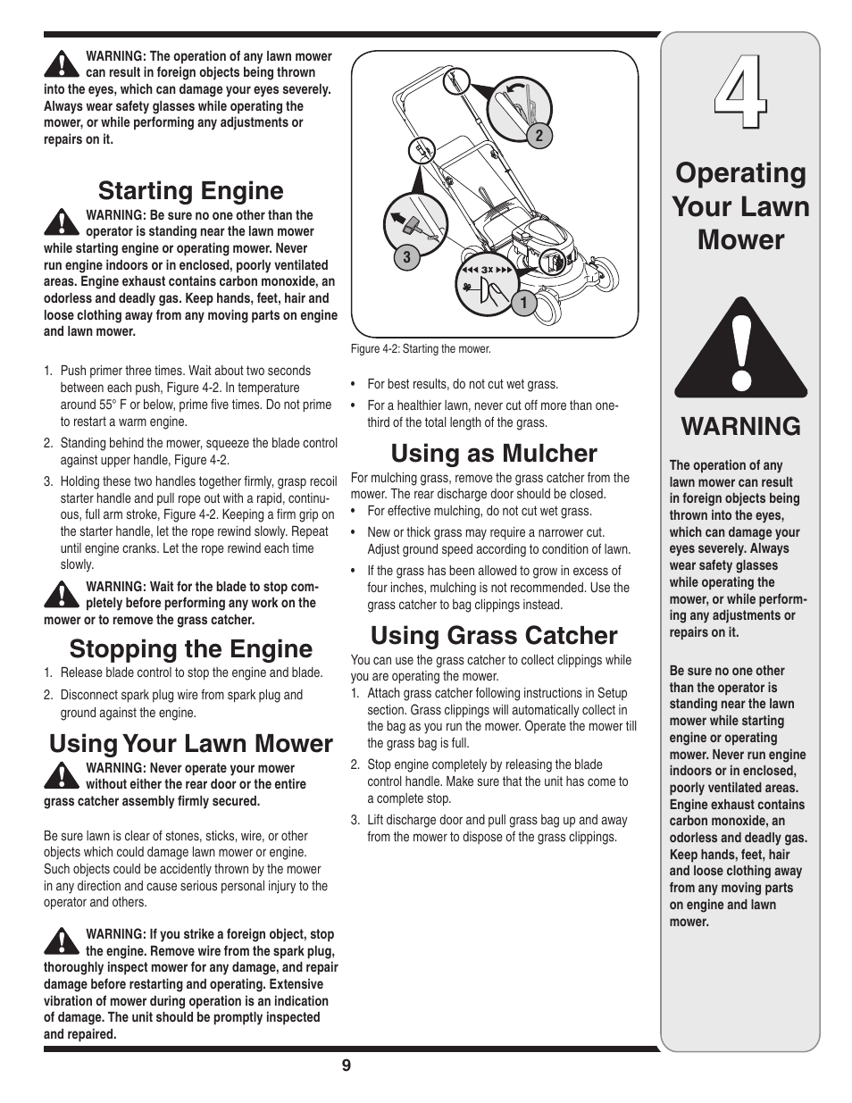 Operating your lawn mower, Using as mulcher, Using grass catcher | Starting engine, Stopping the engine, Using your lawn mower, Warning | Troy-Bilt 429 User Manual | Page 9 / 16