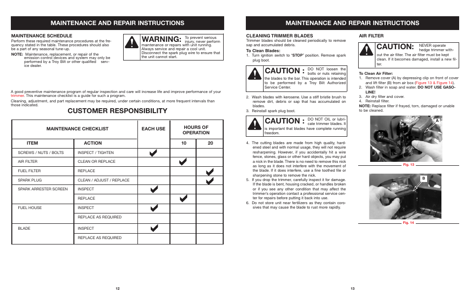 Warning, Caution, Customer responsibility | Maintenance and repair instructions | Troy-Bilt tb25ght User Manual | Page 13 / 22