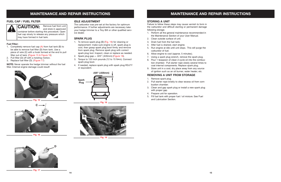 Caution, Maintenance and repair instructions | Troy-Bilt tb25ght User Manual | Page 15 / 22