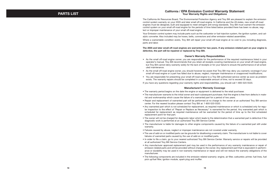 Parts list, Epa emission control warranty statement, California | Troy-Bilt tb25ght User Manual | Page 18 / 22