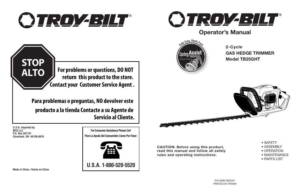 Stop alto, Operator’s manual | Troy-Bilt tb25ght User Manual | Page 22 / 22