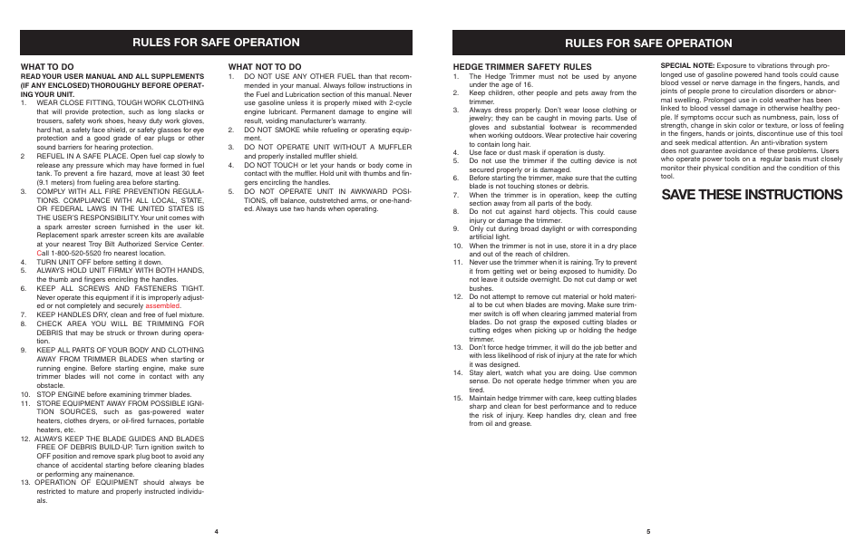 Save these instructions, Rules for safe operation | Troy-Bilt tb25ght User Manual | Page 5 / 22