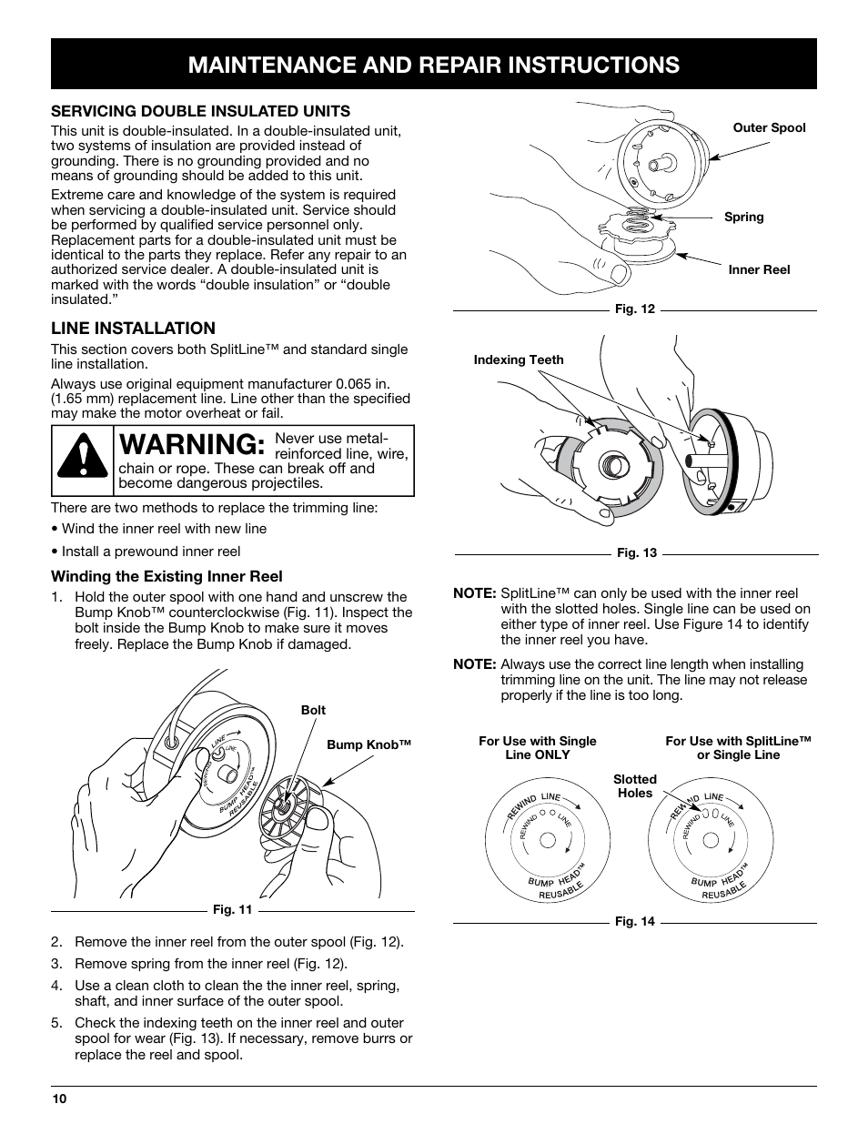 Warning, Maintenance and repair instructions | Troy-Bilt TB50 User Manual | Page 10 / 48