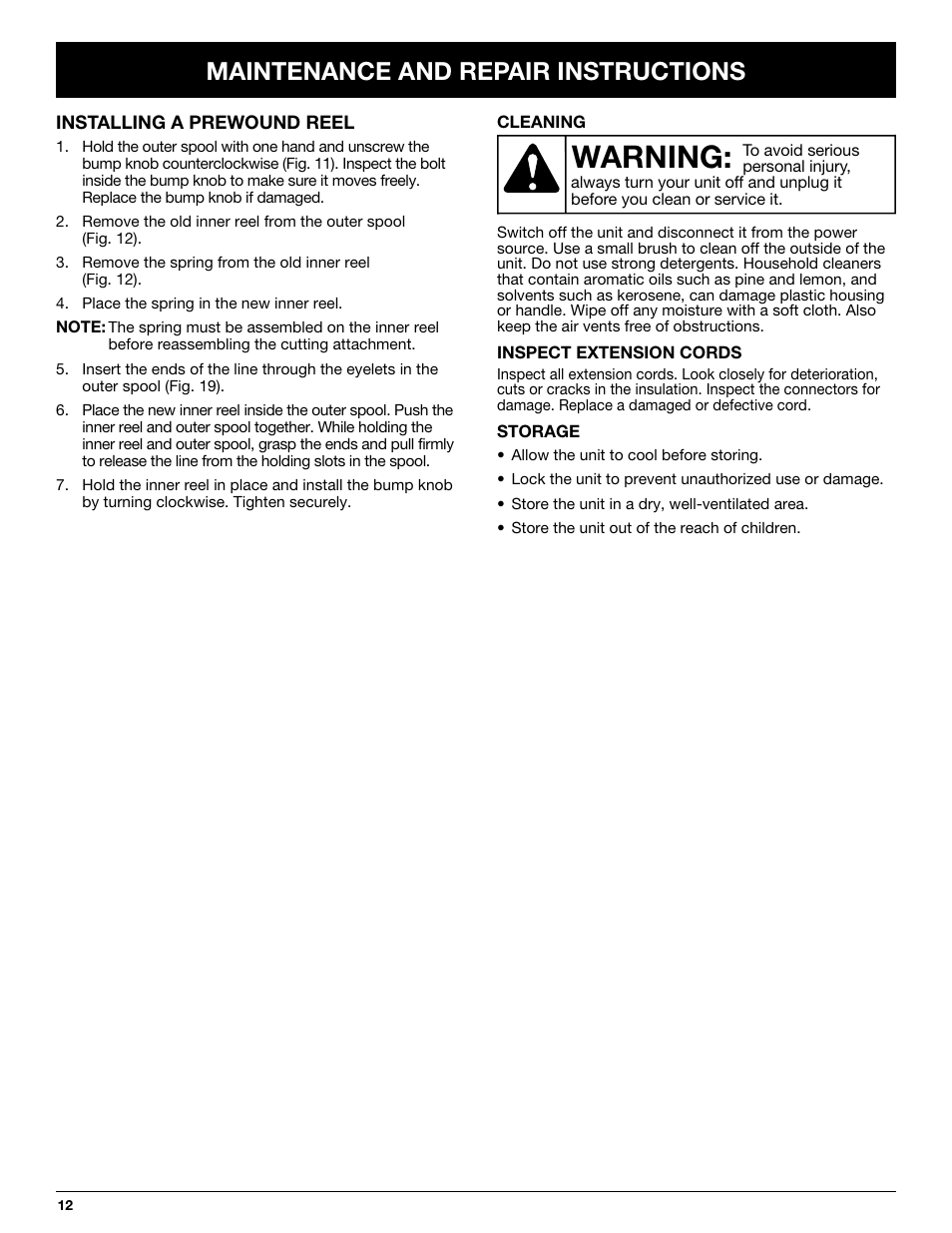 Warning, Maintenance and repair instructions | Troy-Bilt TB50 User Manual | Page 12 / 48