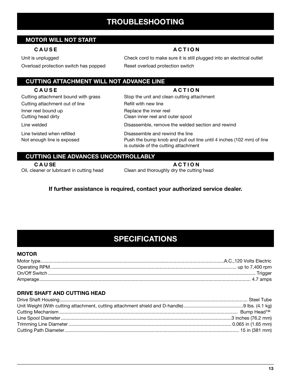Troubleshooting, Specifications | Troy-Bilt TB50 User Manual | Page 13 / 48