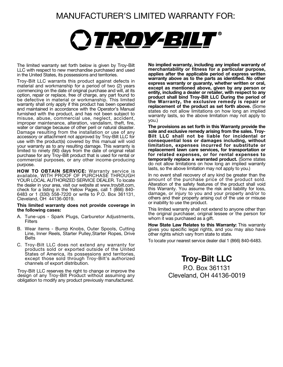 Manufacturer’s limited warranty for, Troy-bilt llc | Troy-Bilt TB50 User Manual | Page 14 / 48
