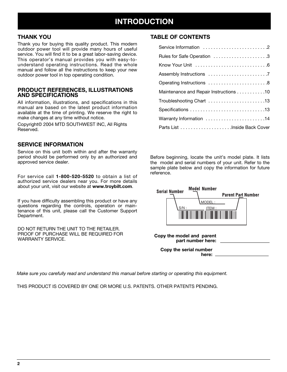 Introduction | Troy-Bilt TB50 User Manual | Page 2 / 48