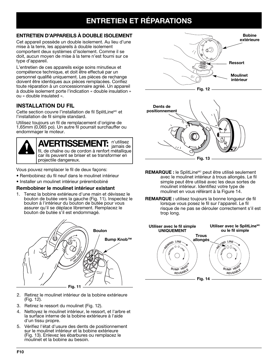 Avertissement, Entretien et réparations | Troy-Bilt TB50 User Manual | Page 24 / 48