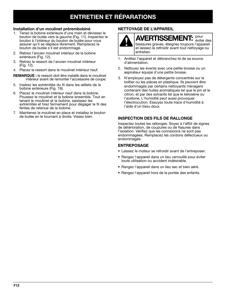 Avertissement, Entretien et réparations | Troy-Bilt TB50 User Manual | Page 26 / 48