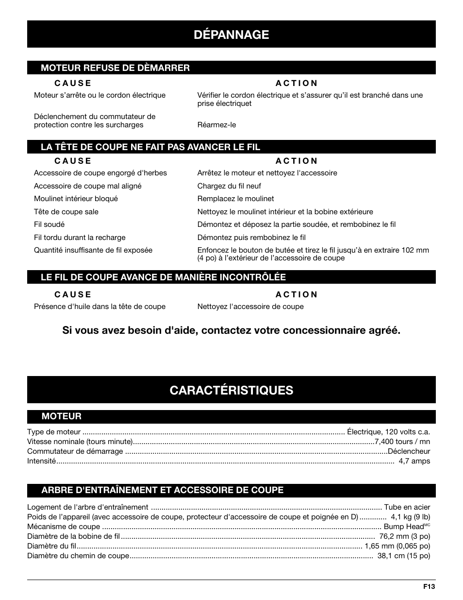 Dépannage, Caractéristiques | Troy-Bilt TB50 User Manual | Page 27 / 48