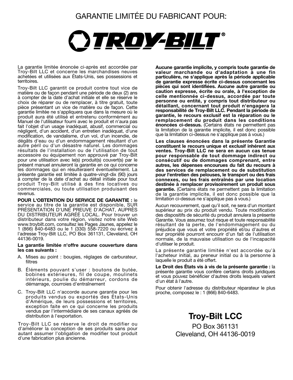 Troy-bilt lcc, Garantie limitée du fabricant pour | Troy-Bilt TB50 User Manual | Page 28 / 48