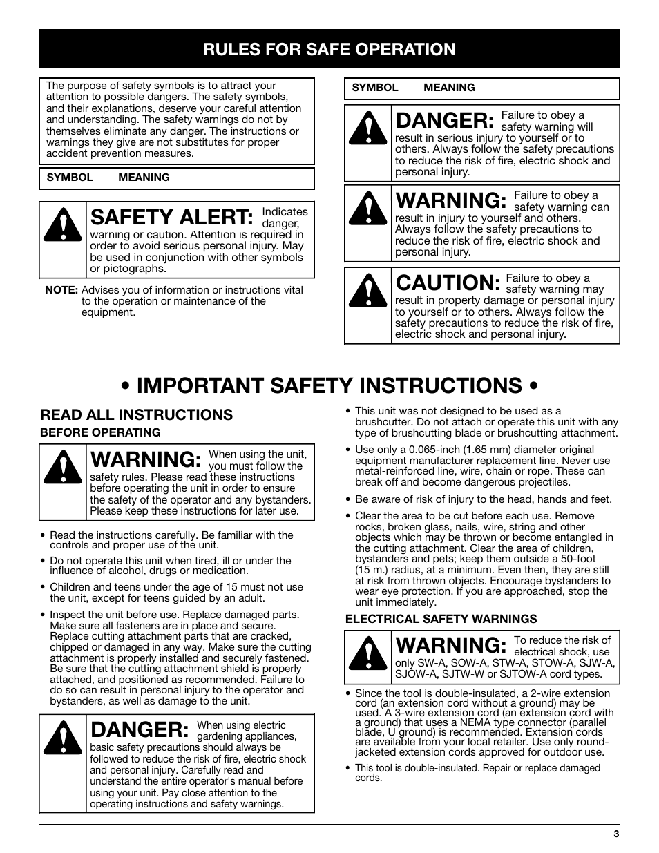 Warning: • important safety instructions, Warning, Danger | Caution, Safety alert, Rules for safe operation | Troy-Bilt TB50 User Manual | Page 3 / 48