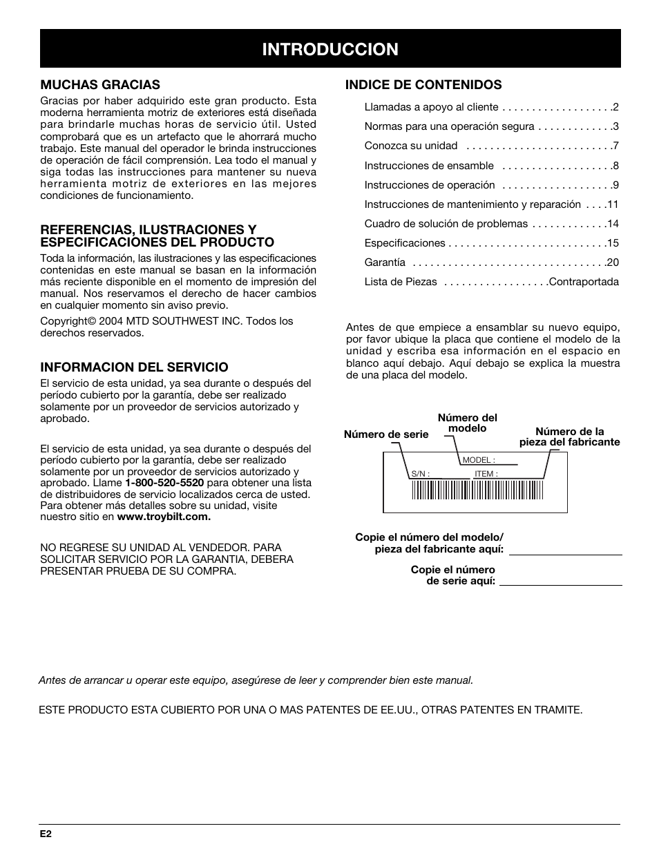 Introduccion | Troy-Bilt TB50 User Manual | Page 30 / 48