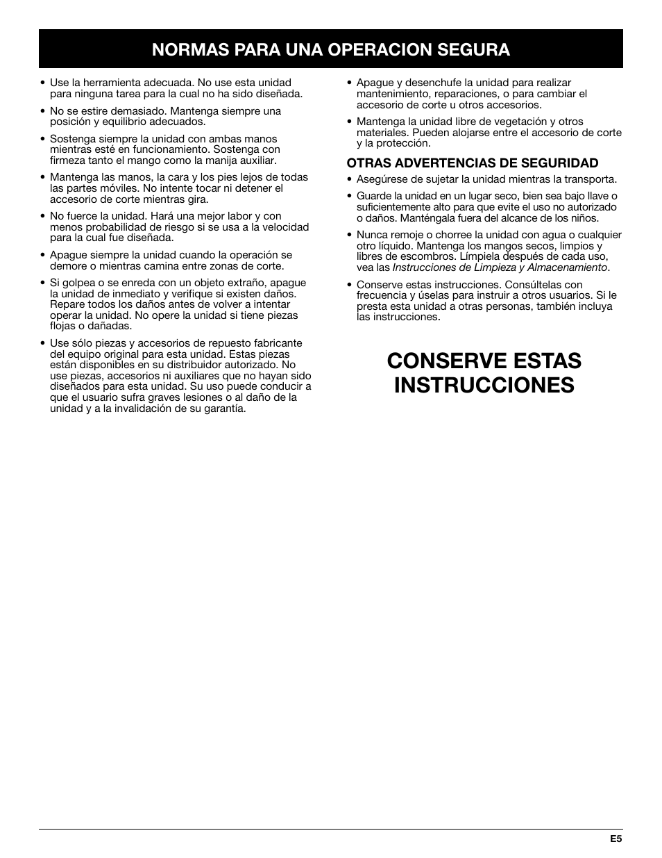 Conserve estas instrucciones, Normas para una operacion segura | Troy-Bilt TB50 User Manual | Page 33 / 48