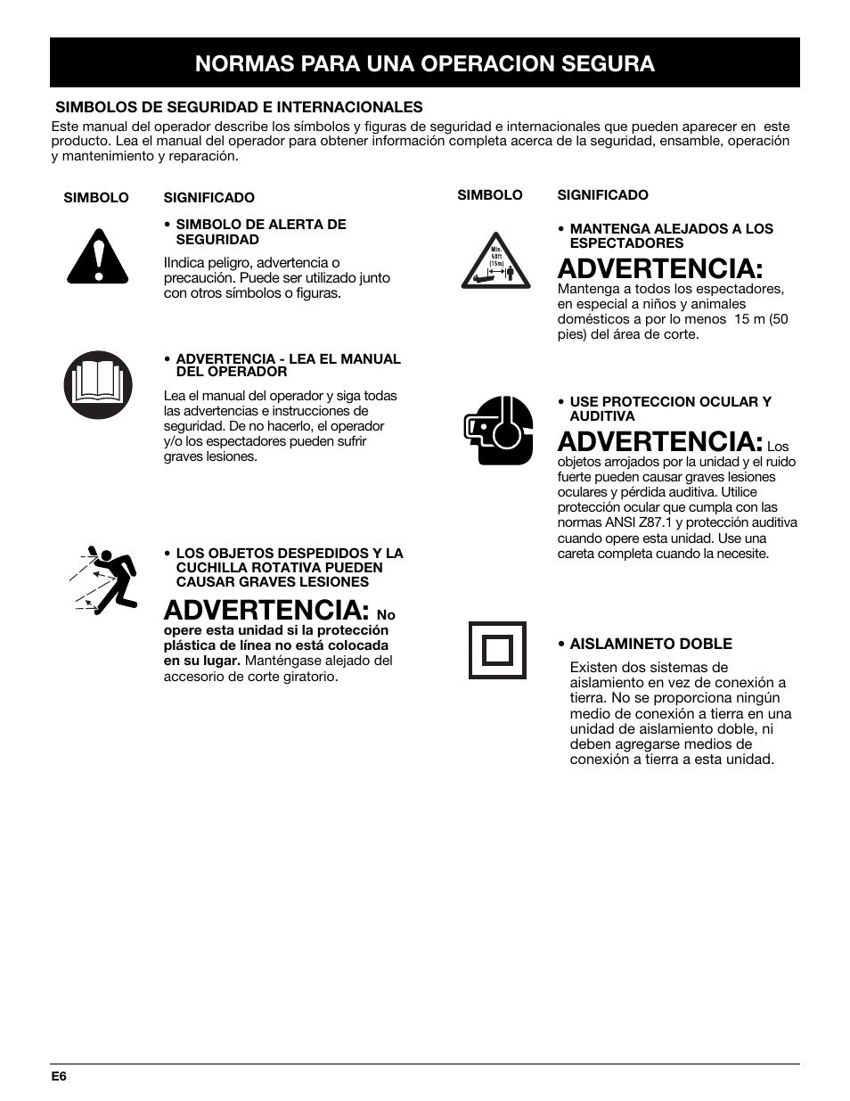 Advertencia, Normas para una operacion segura | Troy-Bilt TB50 User Manual | Page 34 / 48