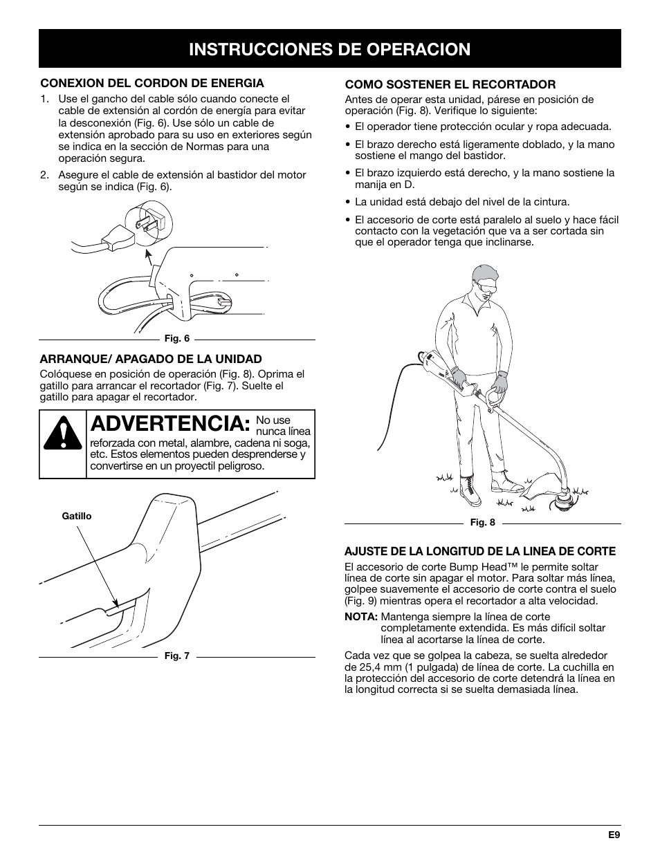 Advertencia, Instrucciones de operacion | Troy-Bilt TB50 User Manual | Page 37 / 48