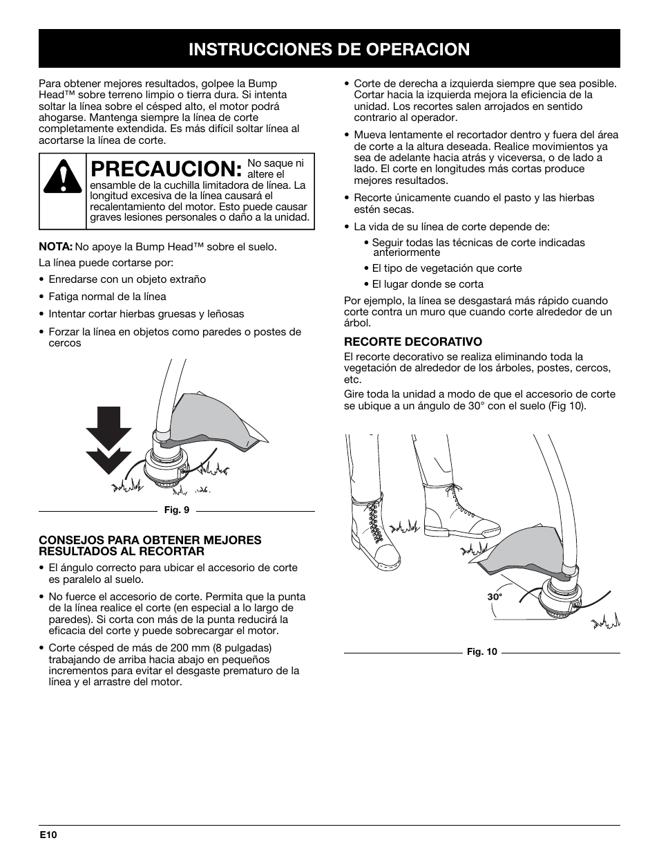 Precaucion, Instrucciones de operacion | Troy-Bilt TB50 User Manual | Page 38 / 48