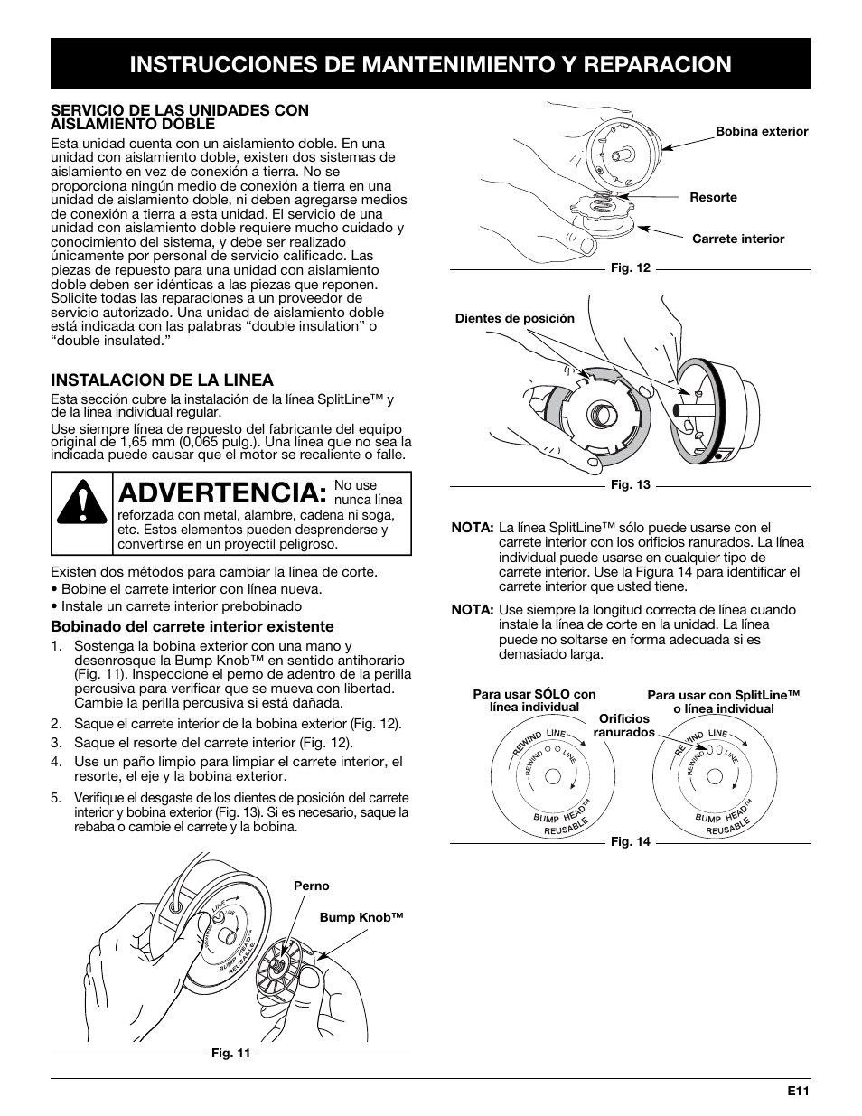 Advertencia, Instrucciones de mantenimiento y reparacion | Troy-Bilt TB50 User Manual | Page 39 / 48
