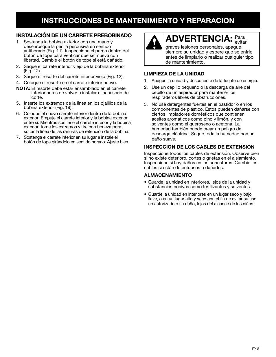 Advertencia, Instrucciones de mantenimiento y reparacion | Troy-Bilt TB50 User Manual | Page 41 / 48