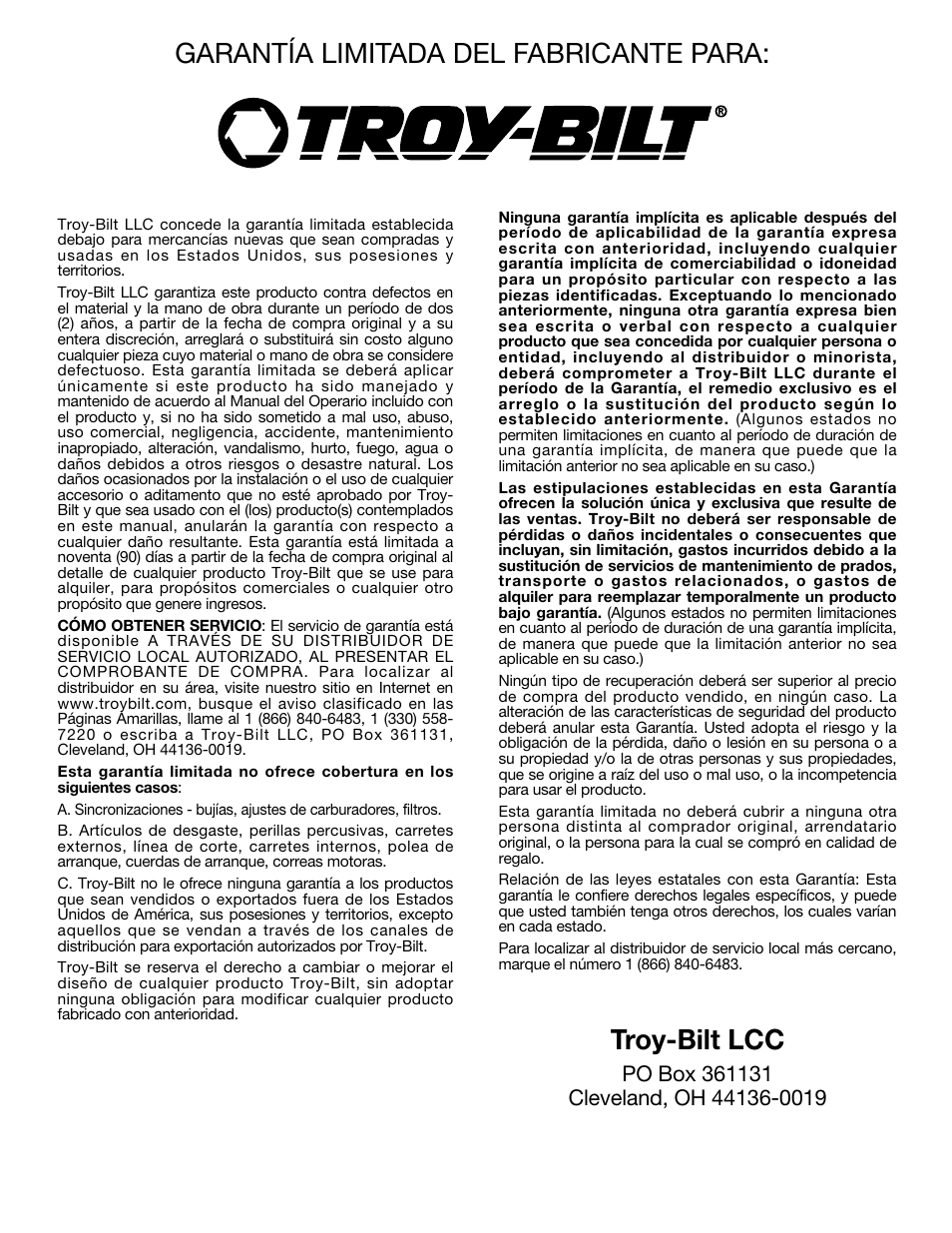 Garantía limitada del fabricante para, Troy-bilt lcc | Troy-Bilt TB50 User Manual | Page 48 / 48