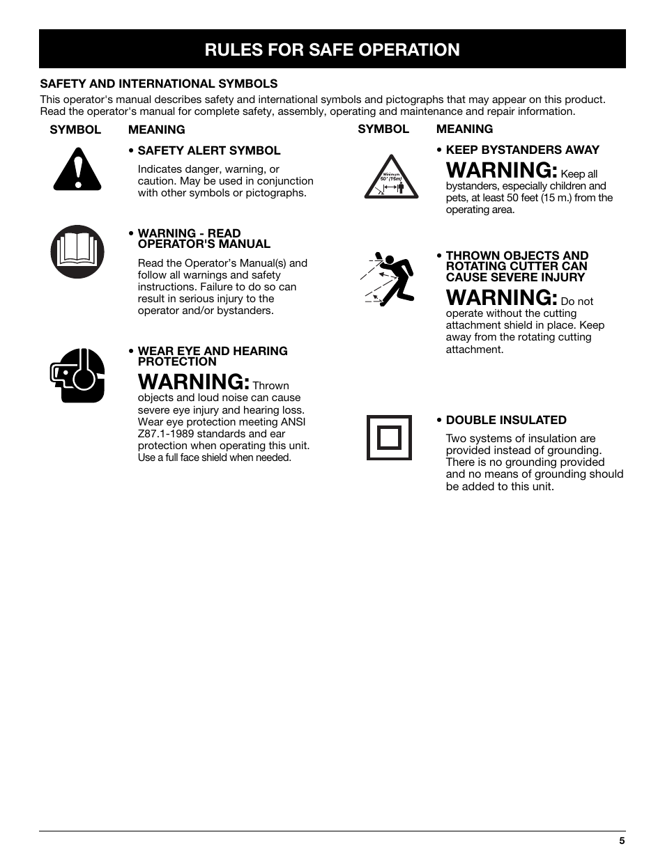 Warning, Rules for safe operation | Troy-Bilt TB50 User Manual | Page 5 / 48