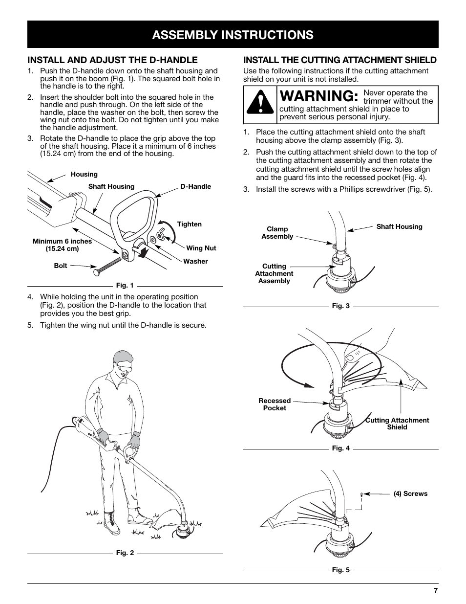Warning, Assembly instructions | Troy-Bilt TB50 User Manual | Page 7 / 48