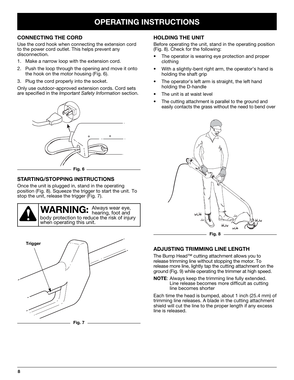 Warning, Operating instructions | Troy-Bilt TB50 User Manual | Page 8 / 48