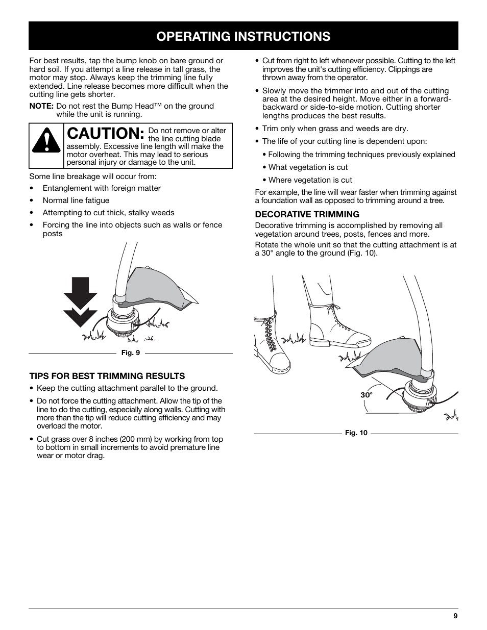 Caution, Operating instructions | Troy-Bilt TB50 User Manual | Page 9 / 48