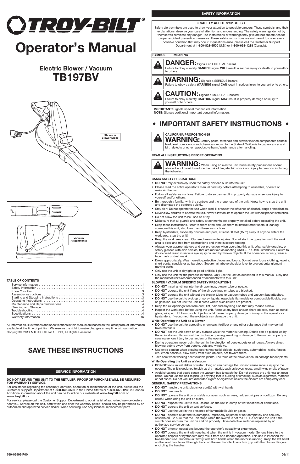 Troy-Bilt TB197BV User Manual | 16 pages